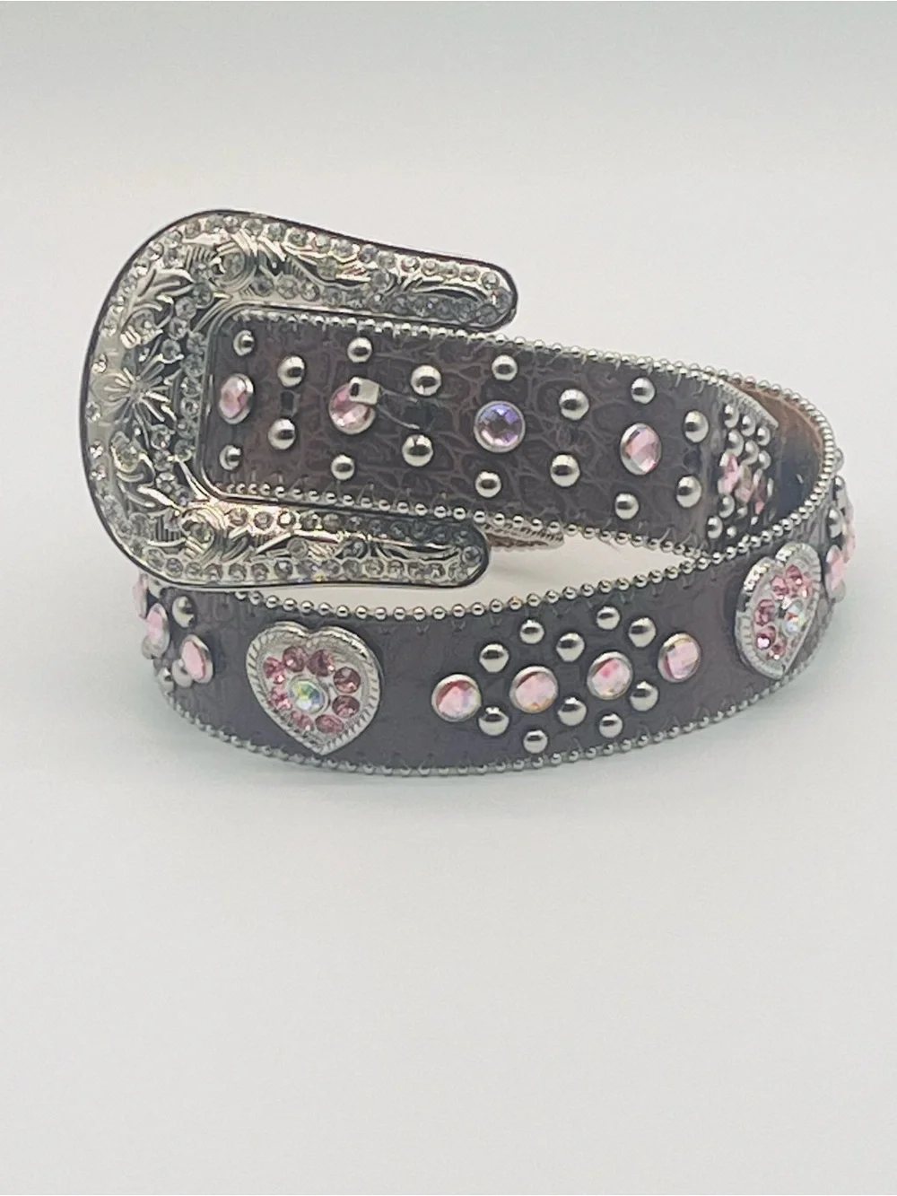 Embellished Heart Stud Western Belt - Brown Pink Crystals Removable Buckle
